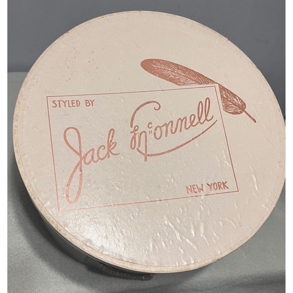 Vintage Jack McConnell New York Round Hat Box Brown Cream Rope Handle 12in